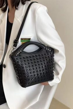 Chic Black Rivet Sheepskin Satchel Handbag