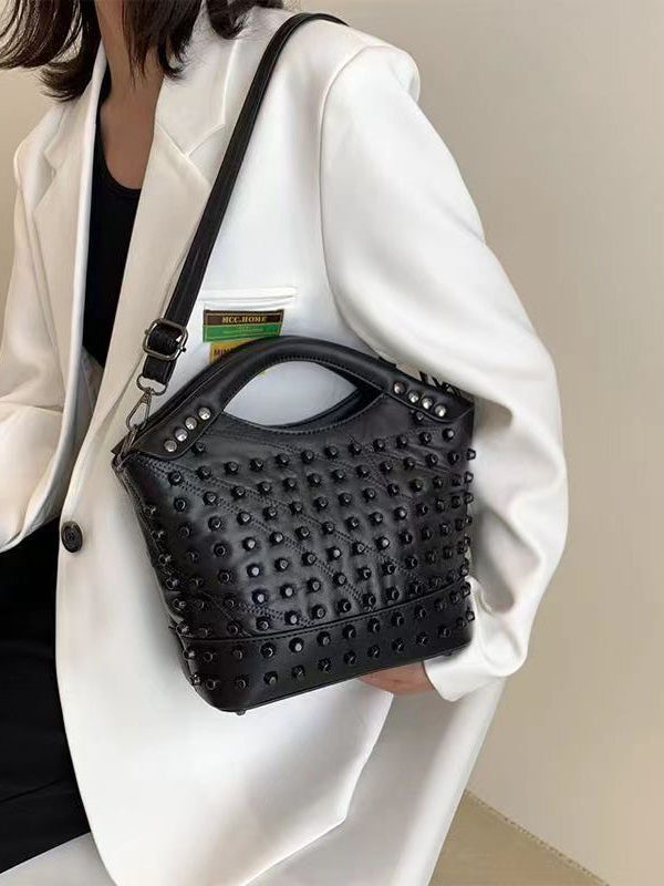 Chic Black Rivet Sheepskin Satchel Handbag