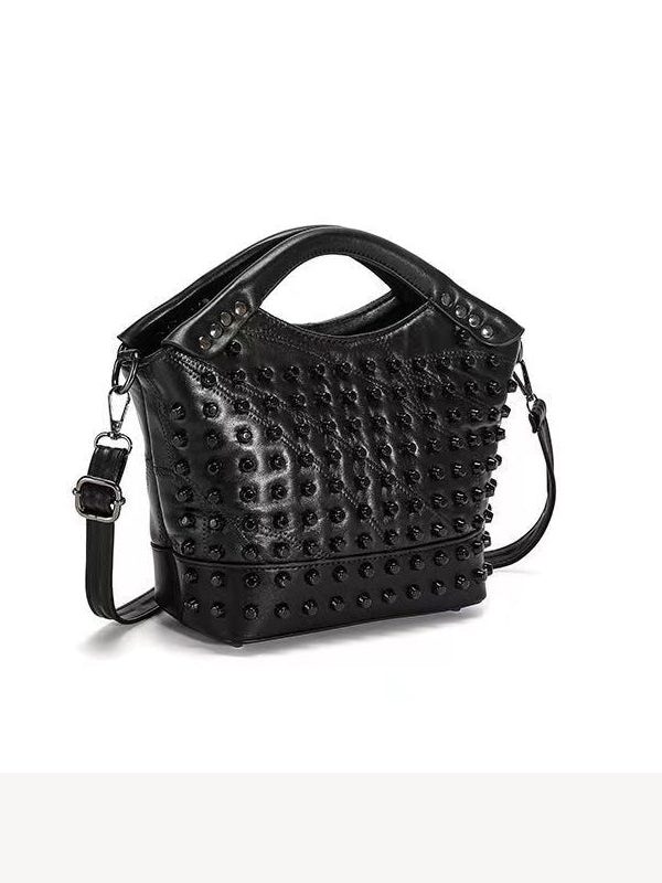 Chic Black Rivet Sheepskin Satchel Handbag