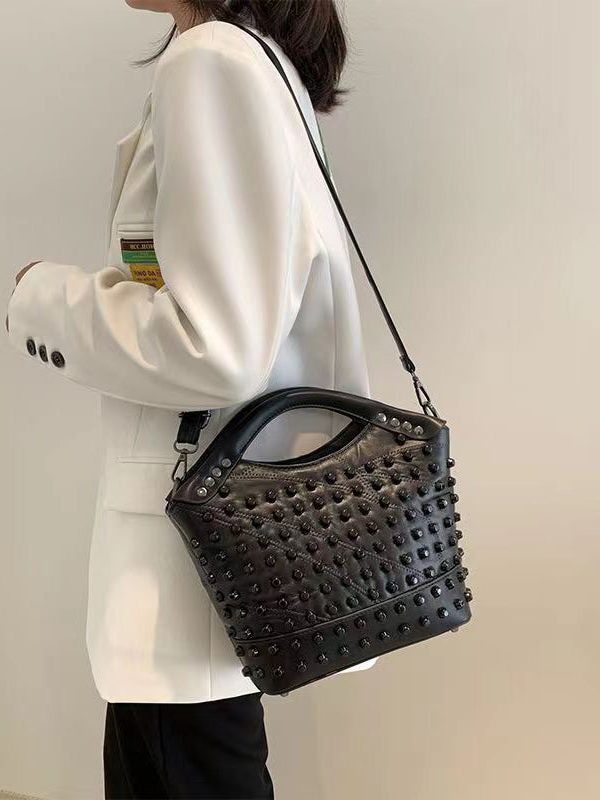 Chic Black Rivet Sheepskin Satchel Handbag