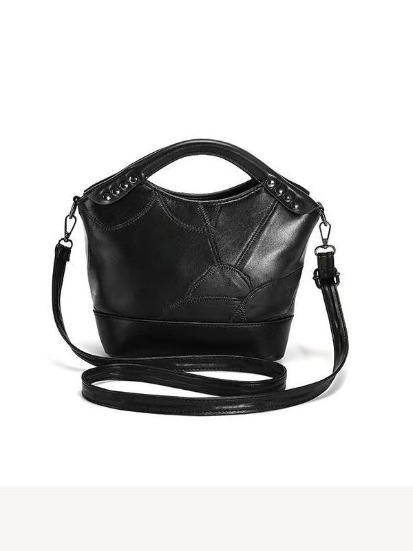 Chic Black Rivet Sheepskin Satchel Handbag