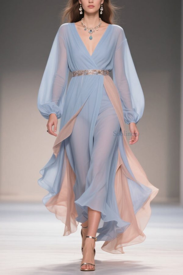 Chic Blue Asymmetrical High Waist Patchwork Chiffon Party Dress