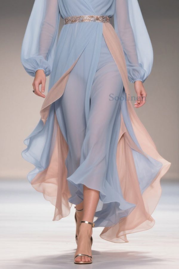 Chic Blue Asymmetrical High Waist Patchwork Chiffon Party Dress