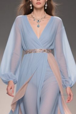 Chic Blue Asymmetrical High Waist Patchwork Chiffon Party Dress