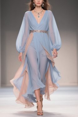 Chic Blue Asymmetrical High Waist Patchwork Chiffon Party Dress