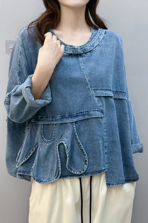 Chic Blue Asymmetrical Patchwork Denim Shirt Tops Fall