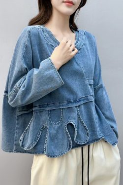 Chic Blue Asymmetrical Patchwork Denim Shirt Tops Fall
