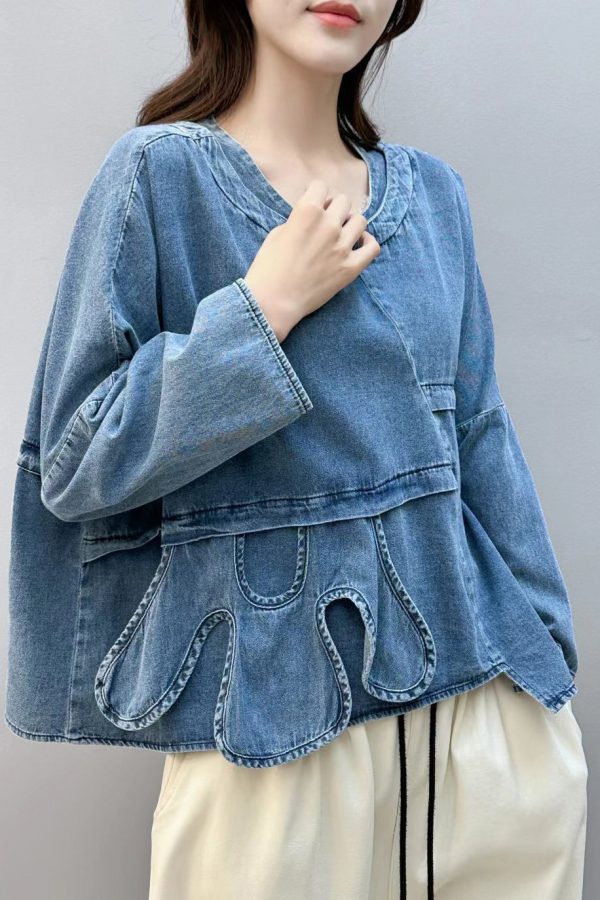 Chic Blue Asymmetrical Patchwork Denim Shirt Tops Fall