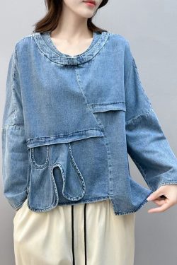 Chic Blue Asymmetrical Patchwork Denim Shirt Tops Fall