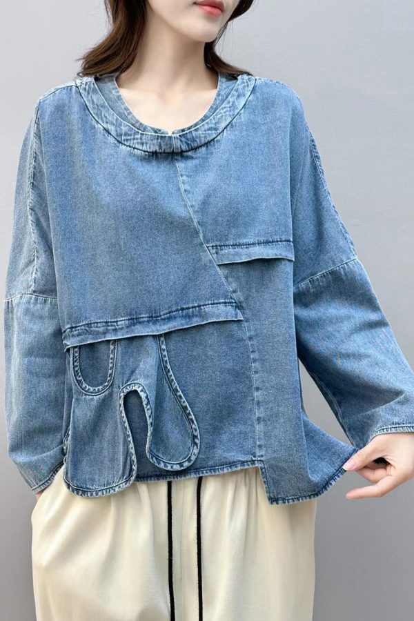 Chic Blue Asymmetrical Patchwork Denim Shirt Tops Fall