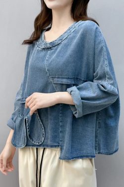 Chic Blue Asymmetrical Patchwork Denim Shirt Tops Fall