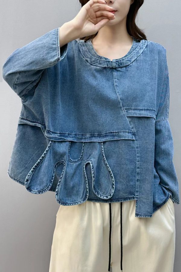 Chic Blue Asymmetrical Patchwork Denim Shirt Tops Fall