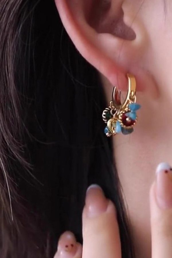 Chic Blue Copper Overgild Asymmetrical Natural Stone Hoop Earrings