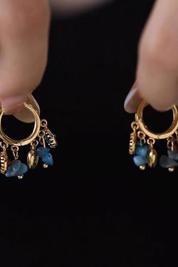 Chic Blue Copper Overgild Asymmetrical Natural Stone Hoop Earrings