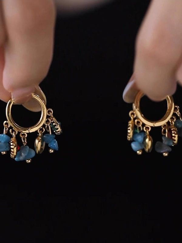 Chic Blue Copper Overgild Asymmetrical Natural Stone Hoop Earrings