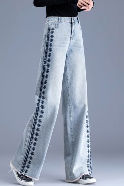 Chic Blue Embroidered Pockets Patchwork Denim Pants Spring