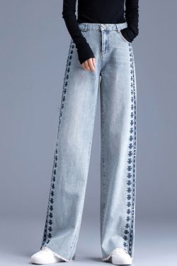 Chic Blue Embroidered Pockets Patchwork Denim Pants Spring