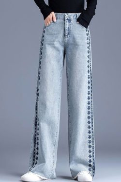 Chic Blue Embroidered Pockets Patchwork Denim Pants Spring