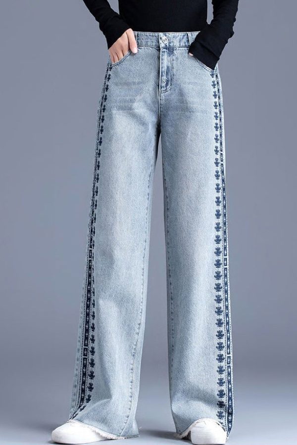 Chic Blue Embroidered Pockets Patchwork Denim Pants Spring