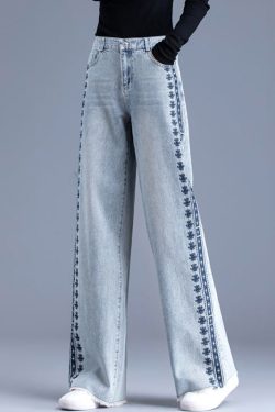 Chic Blue Embroidered Pockets Patchwork Denim Pants Spring