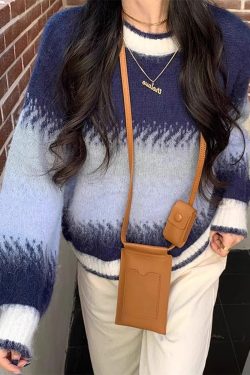 Chic Blue Gradient O Neck Thick Cozy Knit Sweaters Winter