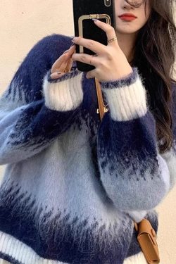 Chic Blue Gradient O Neck Thick Cozy Knit Sweaters Winter