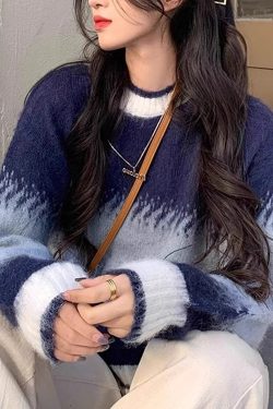 Chic Blue Gradient O Neck Thick Cozy Knit Sweaters Winter