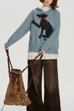 Chic Blue Jacquard Patchwork Knit Hooded Sweater Spring