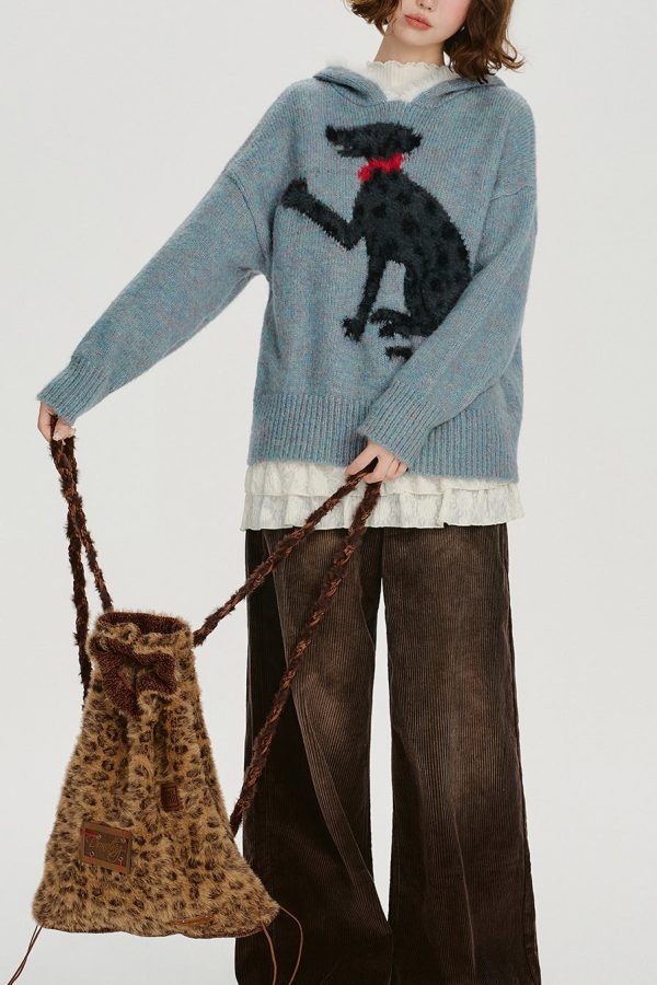 Chic Blue Jacquard Patchwork Knit Hooded Sweater Spring