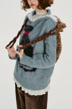 Chic Blue Jacquard Patchwork Knit Hooded Sweater Spring