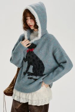 Chic Blue Jacquard Patchwork Knit Hooded Sweater Spring