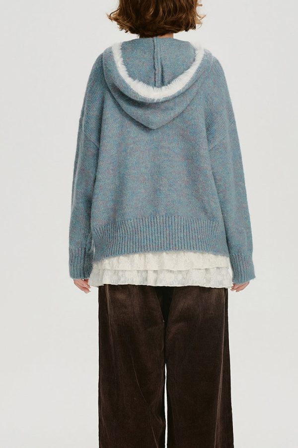 Chic Blue Jacquard Patchwork Knit Hooded Sweater Spring