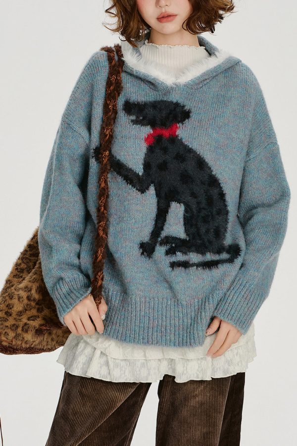 Chic Blue Jacquard Patchwork Knit Hooded Sweater Spring