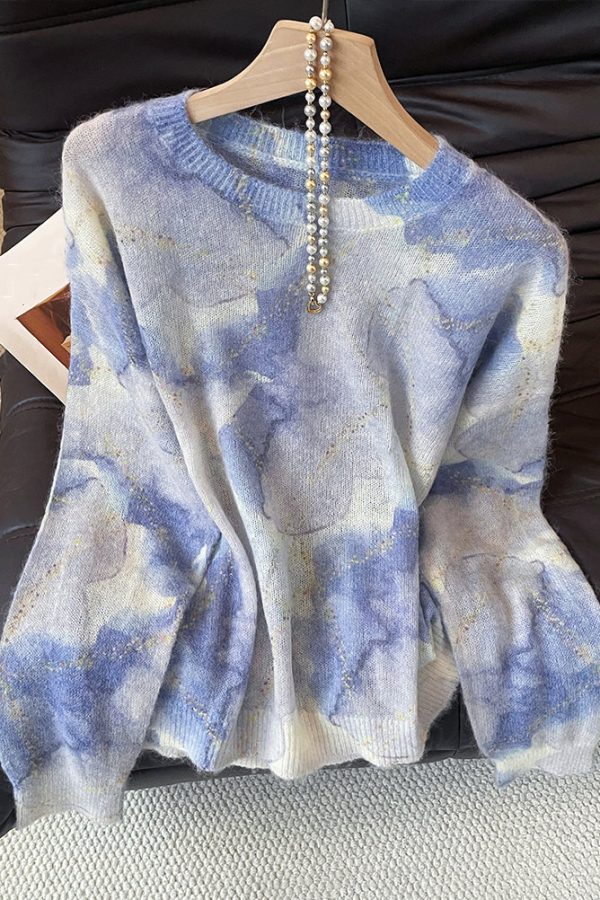 Chic Blue O Neck Tie Dye Knit Sweater Fall