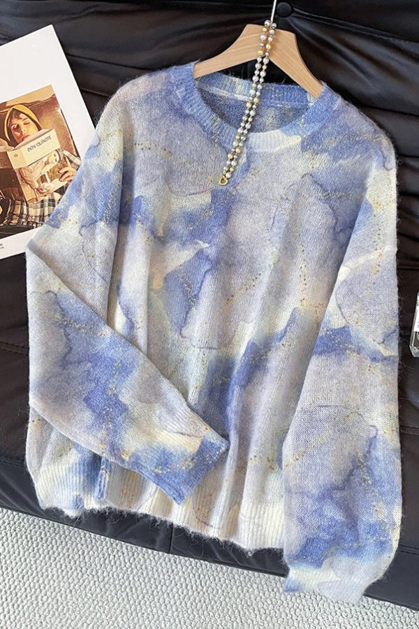 Chic Blue O Neck Tie Dye Knit Sweater Fall