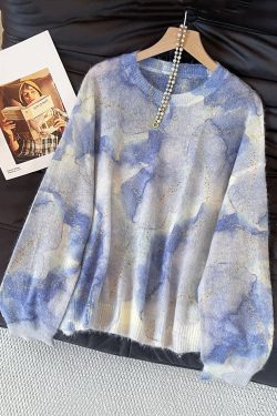 Chic Blue O Neck Tie Dye Knit Sweater Fall