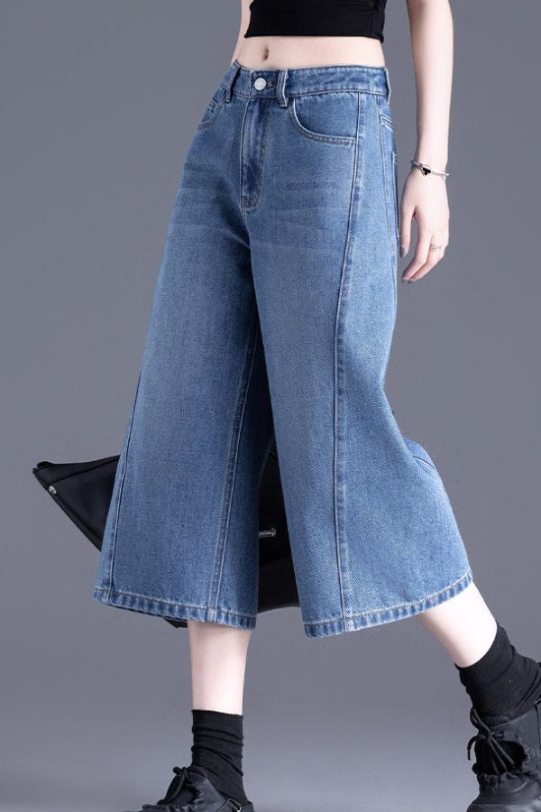 Chic Blue Pockets Denim Crop Pants Summer