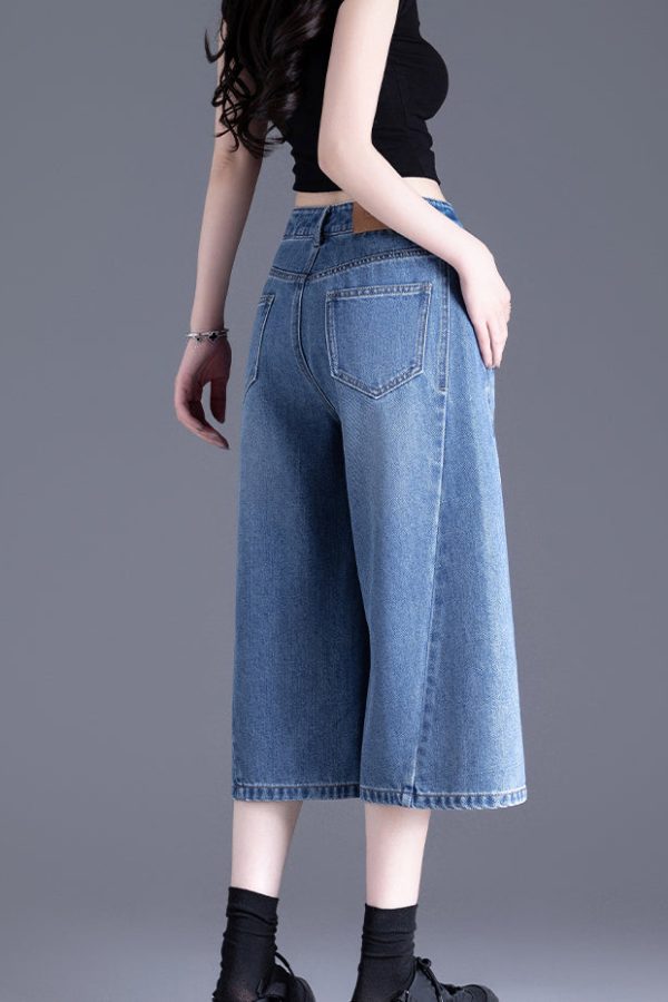 Chic Blue Pockets Denim Crop Pants Summer