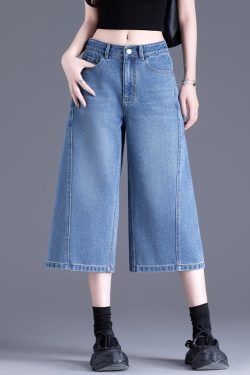 Chic Blue Pockets Denim Crop Pants Summer