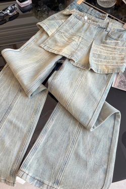Chic Blue Pockets False Two Pieces Patchwork Denim Pants Fall