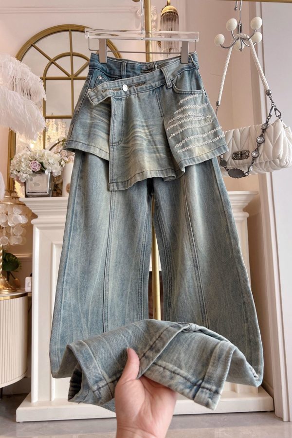 Chic Blue Pockets False Two Pieces Patchwork Denim Pants Fall