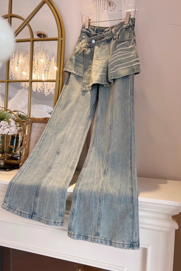 Chic Blue Pockets False Two Pieces Patchwork Denim Pants Fall