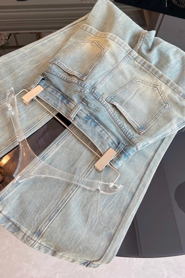 Chic Blue Pockets False Two Pieces Patchwork Denim Pants Fall