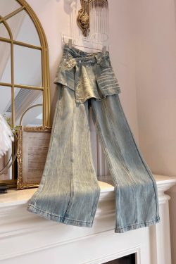 Chic Blue Pockets False Two Pieces Patchwork Denim Pants Fall