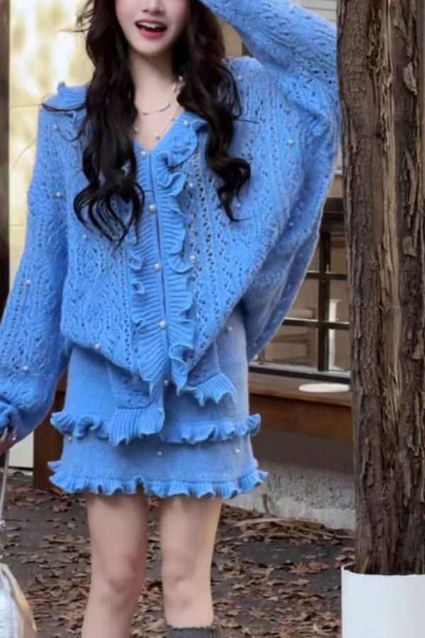 Chic Blue Ruffled Nail Bead Knit Two Piece Set Winter