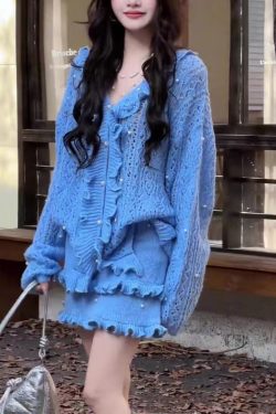 Chic Blue Ruffled Nail Bead Knit Two Piece Set Winter