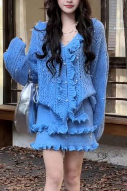 Chic Blue Ruffled Nail Bead Knit Two Piece Set Winter