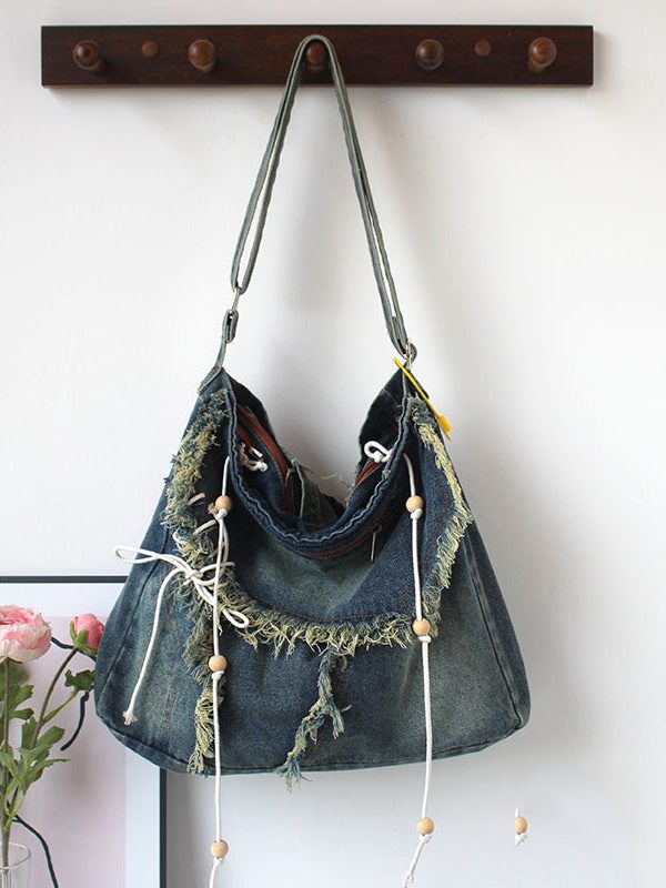 Chic Blue Tassel Patchwork Denim Messenger Bag