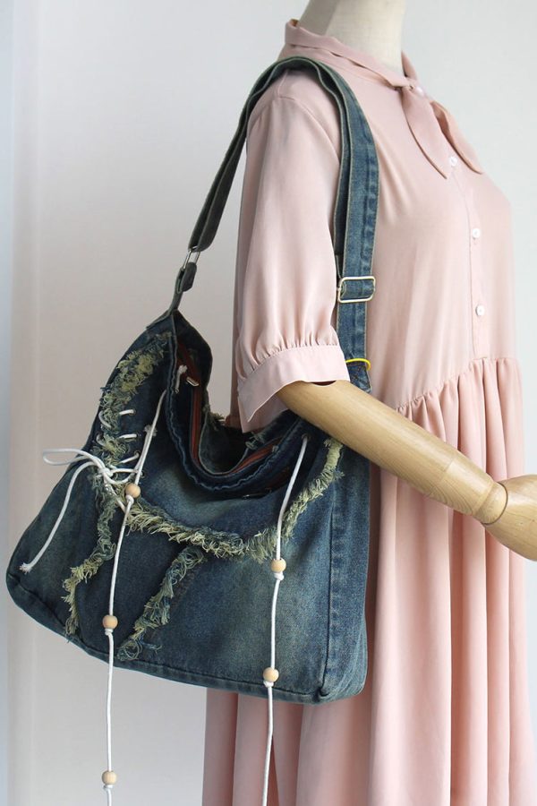 Chic Blue Tassel Patchwork Denim Messenger Bag