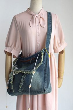 Chic Blue Tassel Patchwork Denim Messenger Bag